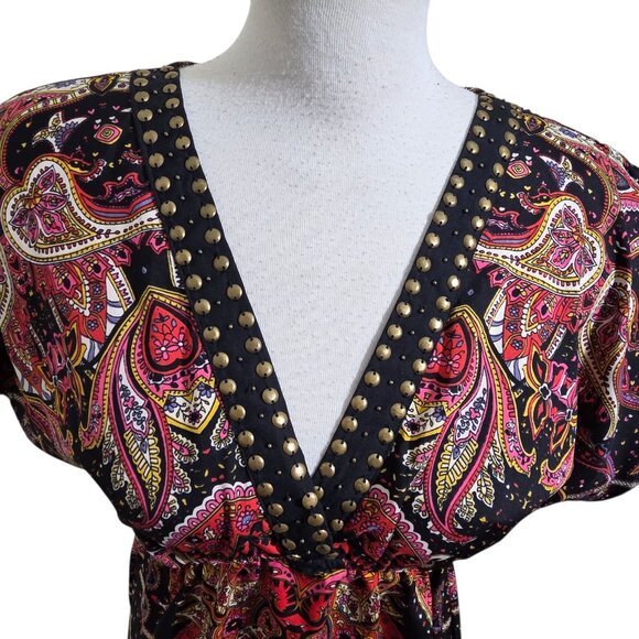 ANGIE Womens L Babydoll Tunic Top Paisley Studs Boho Peasant Flowy V Neck Artsy - Picture 3 of 8